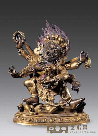 清代 铜鎏六臂马哈拉佛像 高17cm